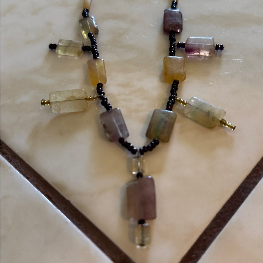 Antique Natural Semi Precious Stone Necklace.Jade,Fluorite, Amethyst, Onyx